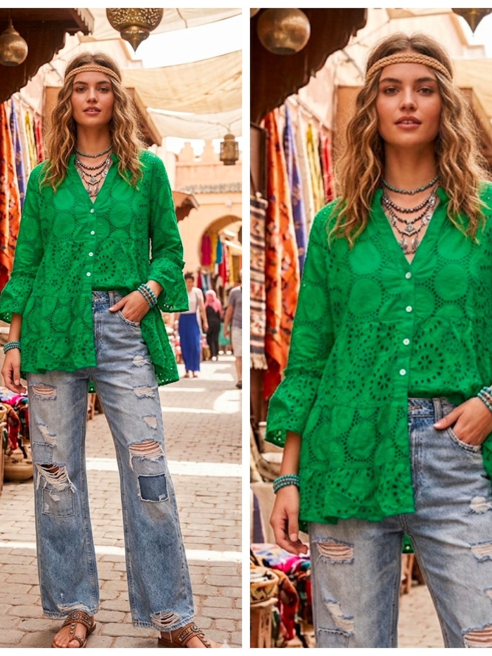 Jaded Gypsy Boho Green Eyelet Button-Front Tunic Blouse